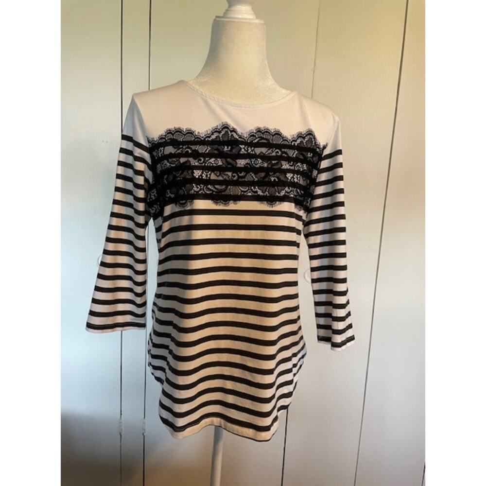 Coldwater Creek Size Large (14) White & Black Stripe‎ Pullover Cotton Top
